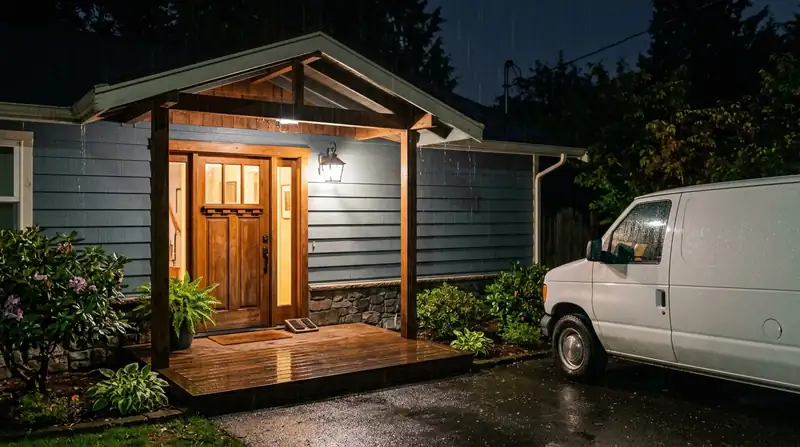 Lit porch of a rambler at night in the rain with a white van in the driveway