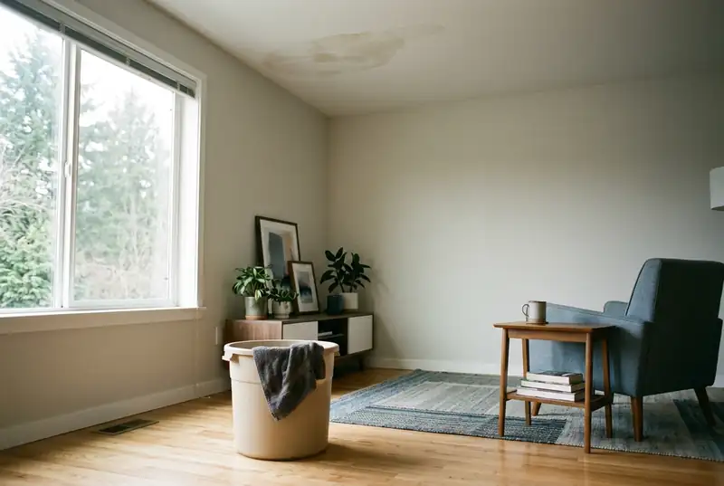 Ceiling water stain with a bucket and towel in a condo living room