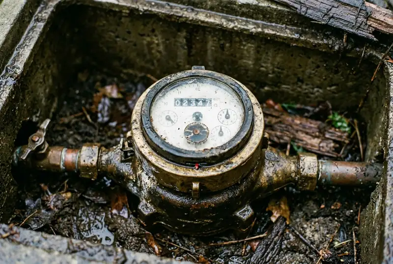 Water meter dial in a meter box with damp soil around it