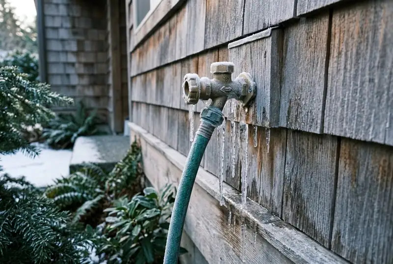 Frosted outdoor hose bib and icicles on a wood-sided house wall on a cold morning