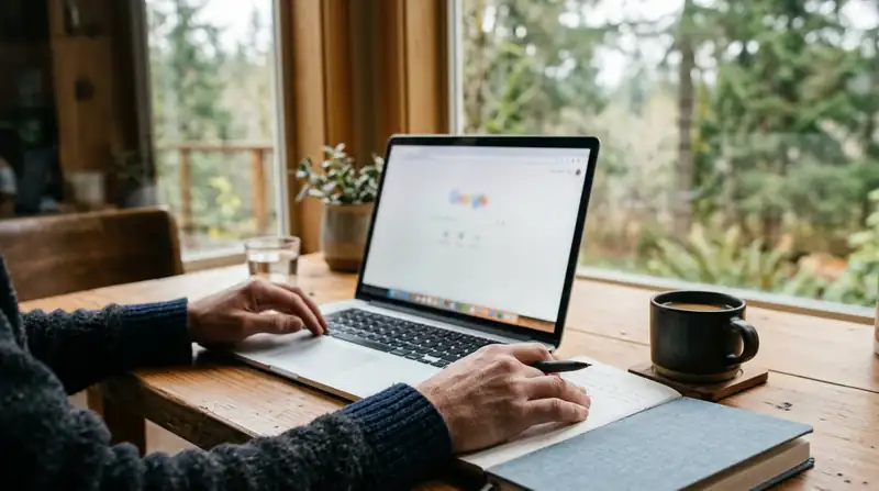 Hands at a desk with a laptop and notebook, checking a contractor license online