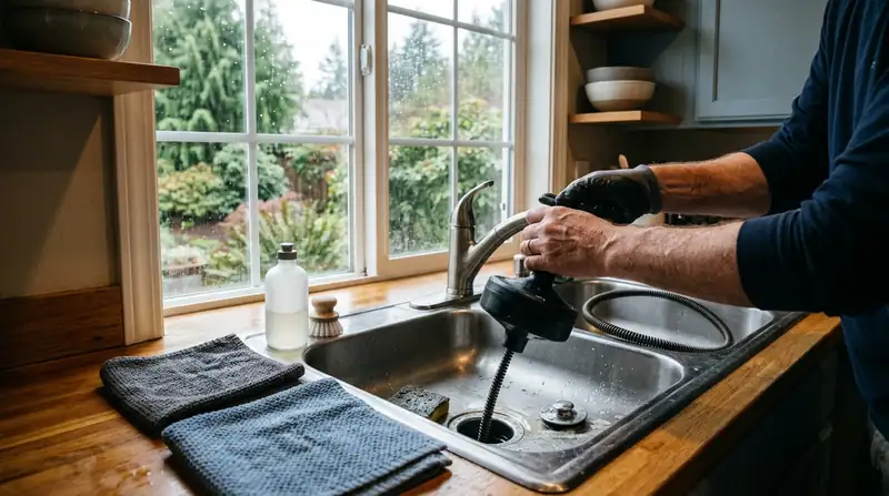 Drain auger cable feeding into a kitchen sink drain with towels laid on the counter
