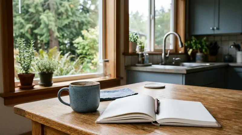 Kitchen table with a mug and notebook beside a sunlit window and a tap