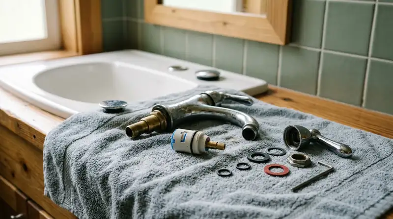 Bathroom faucet taken apart on a towel with the cartridge and o-rings laid out