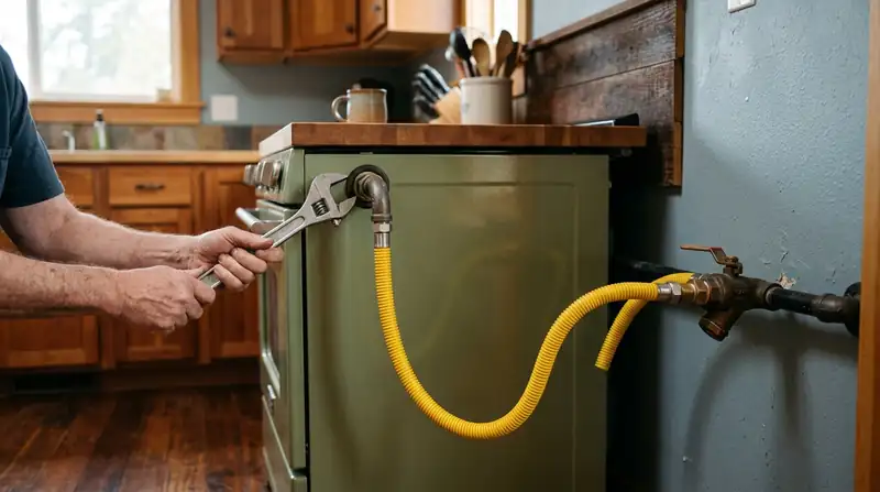 Yellow flexible gas connector and shutoff valve behind a kitchen range being checked with a wrench