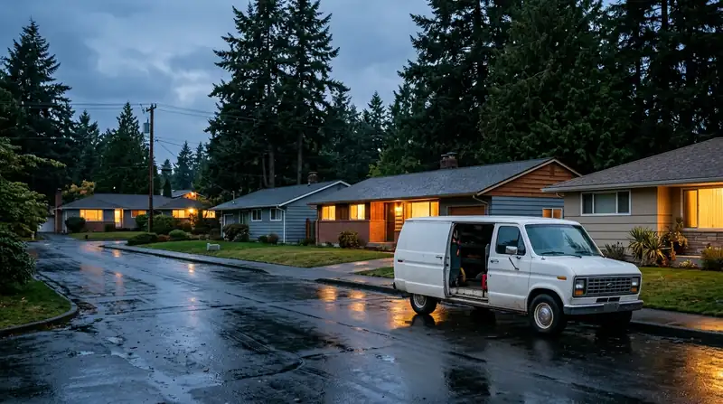 Quiet Pacific Northwest street of 1970s ramblers at dusk with a plain white service van at the curb