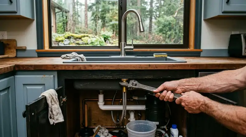 Hands using a basin wrench to install a new kitchen faucet under a window