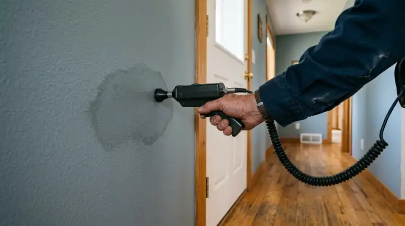 Hand holding an acoustic leak listening device against a hallway wall with a faint damp stain