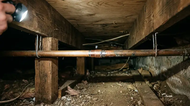 Repaired copper water pipe with a fresh solder joint in an open crawl space