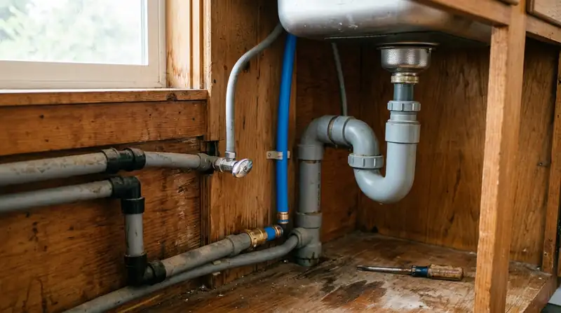 Gray polybutylene pipes under a sink next to a new PEX section