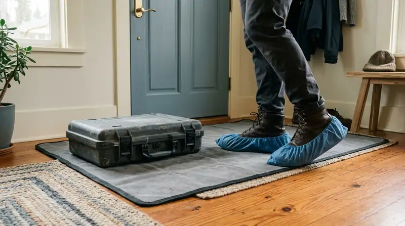 Plumber's boots in shoe covers on a floor protection mat in a home entryway