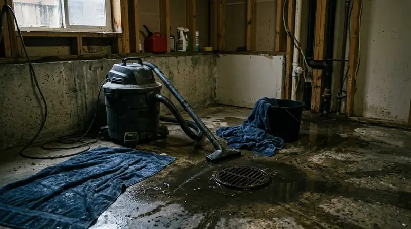 Basement floor drain with murky water, a wet-vac and towels nearby