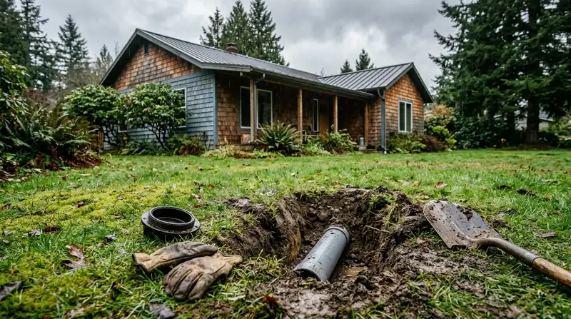 Open sewer cleanout and small excavation in a front lawn showing the gray sewer pipe
