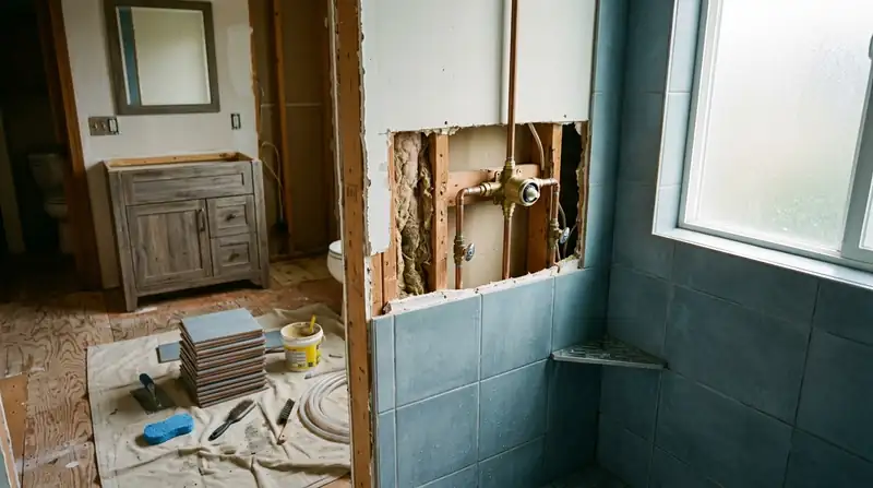 Wall opened behind a shower showing the valve body and cartridge