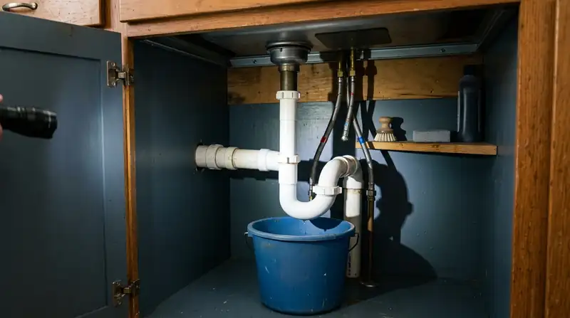 Open under-sink cabinet showing the P-trap, supply lines and a bucket