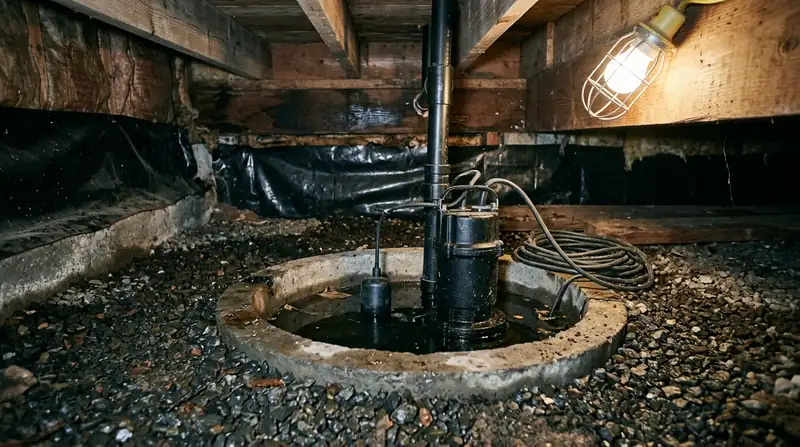Submersible sump pump and float switch in a crawl space pit