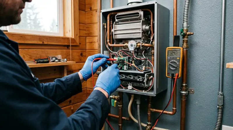 Technician testing a wall-mounted tankless water heater with a multimeter and the cover removed