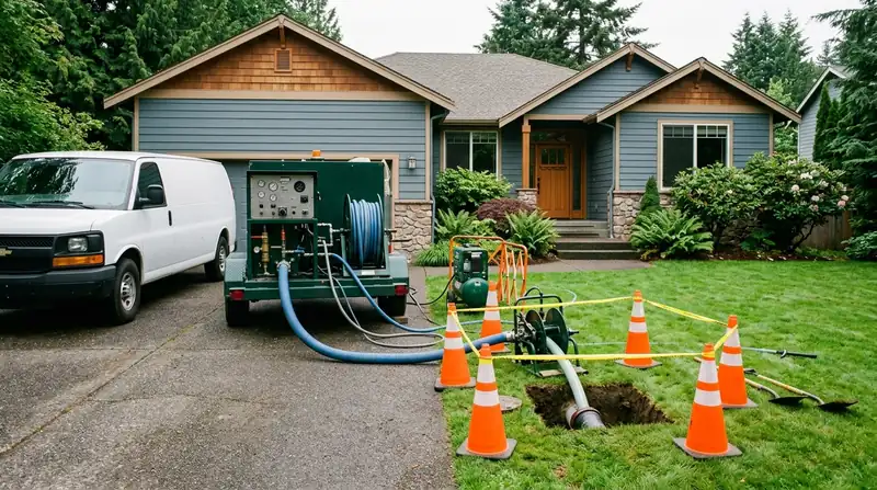 Trenchless sewer repair equipment on a driveway with a small access pit and safety cones
