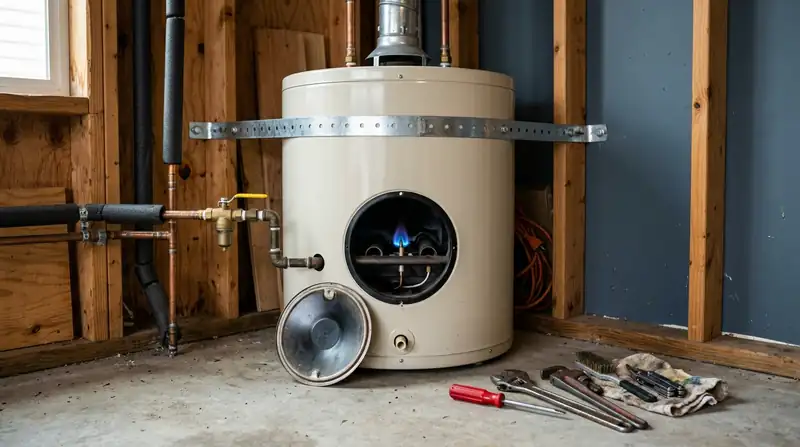 Gas water heater with the access panel open, pilot flame lit and seismic strap in place