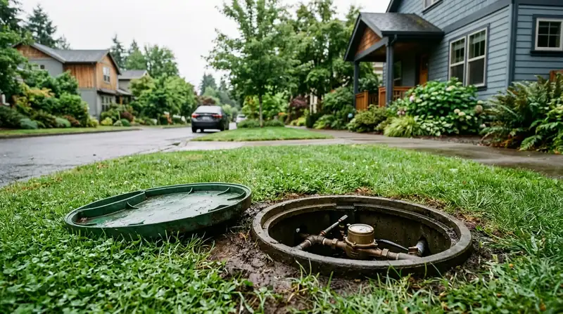City water meter box open in a wet lawn beside a residential street