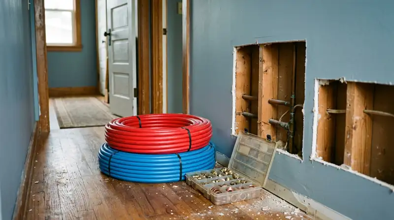 Coils of new PEX pipe and fittings on a hallway floor beside opened wall access holes